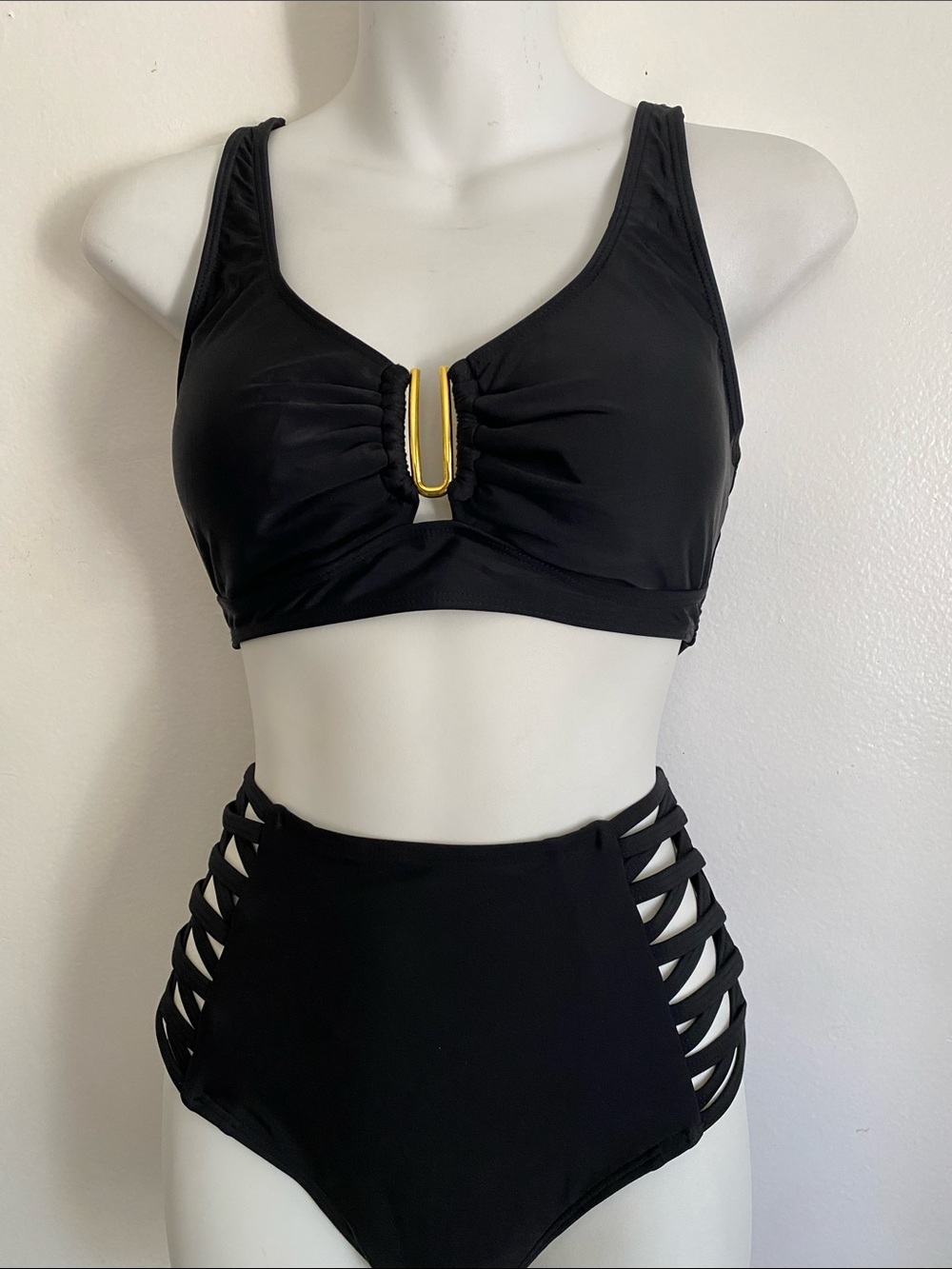 Black Two-Piece High-Waist Strappy Bikini with Gold Accent